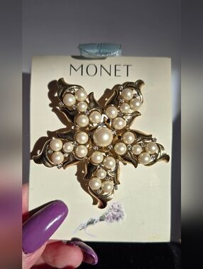 Monet Gold Tone Pearl Brooch
